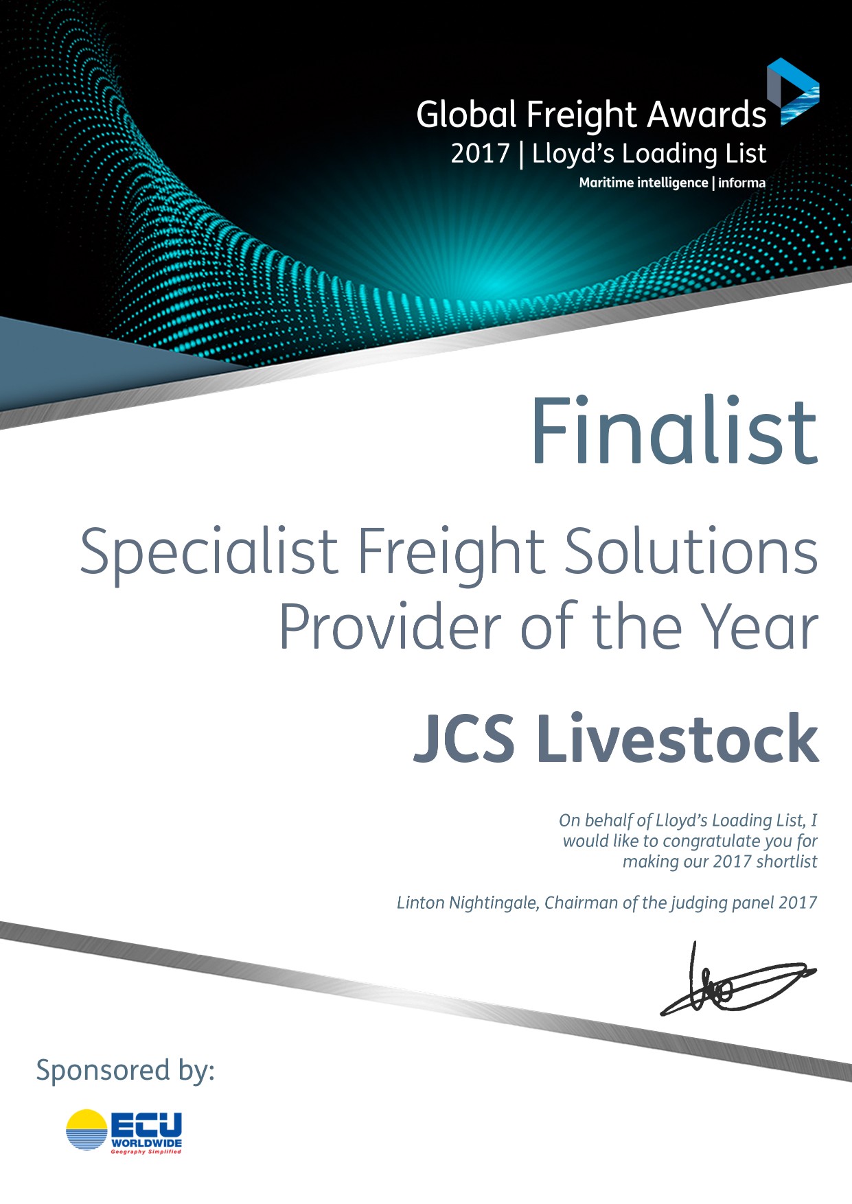 Global Freight Awards 2017 Finalist - Specialist Freight Solutions Provider of the Year